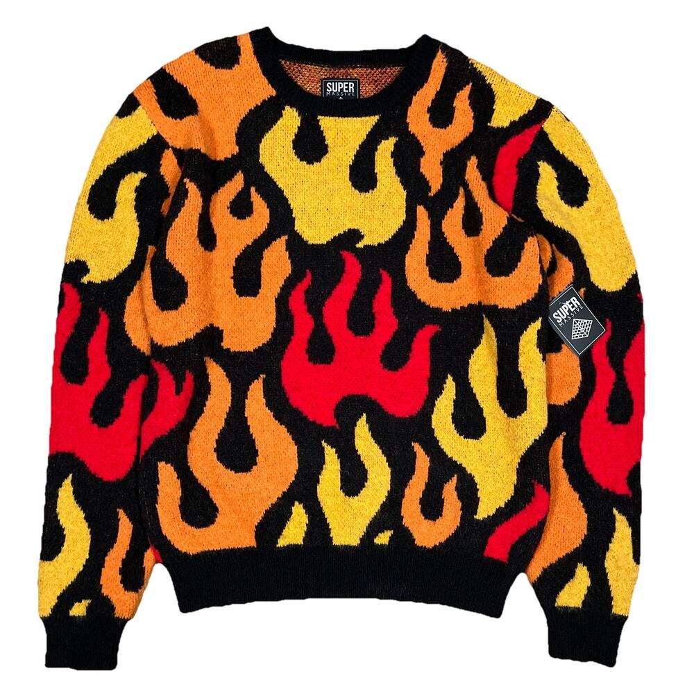 Super Massive Flame Print Sweater Size‎ Large Y2K Skater Streetwear NWT Acrylic
